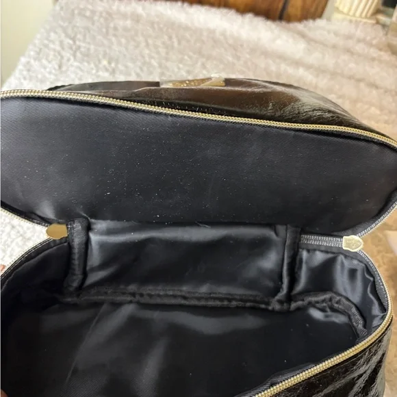 NWT Badgley Mischka Black Patent Cosmetic Pouch with Gold Hardware with bottle - Picture 5 of 6